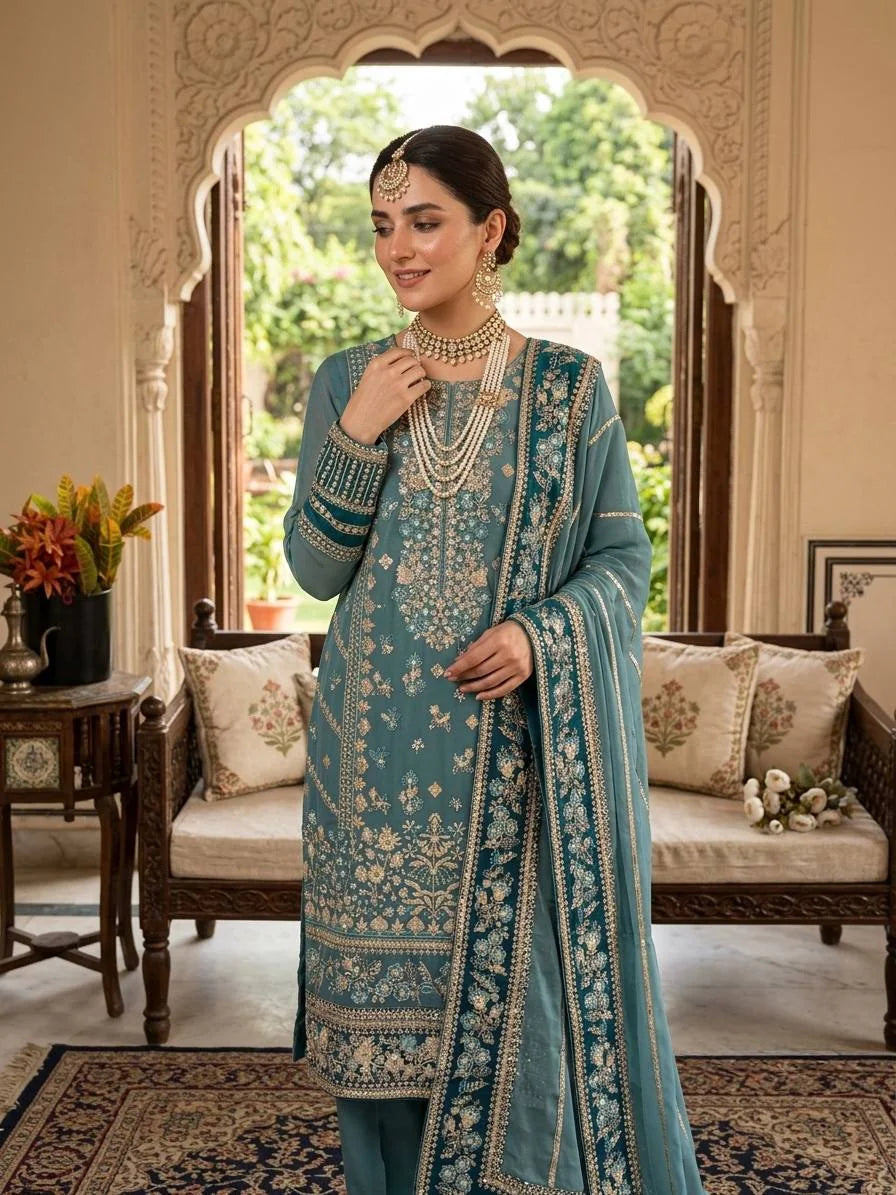 Teal fox georgette embroidered salwar suit front view – ready to wear 3-piece set