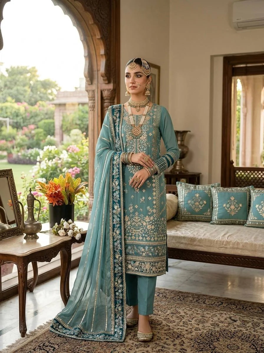 Teal georgette embroidery salwar suit full view – heavy sequin work bridal look women