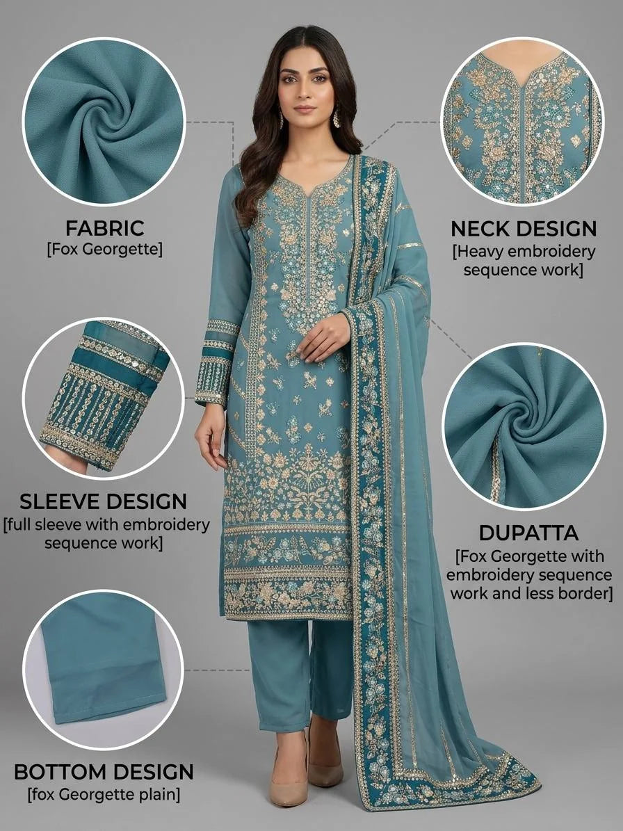 Teal georgette salwar suit – fabric embroidery sequin work detail specification chart