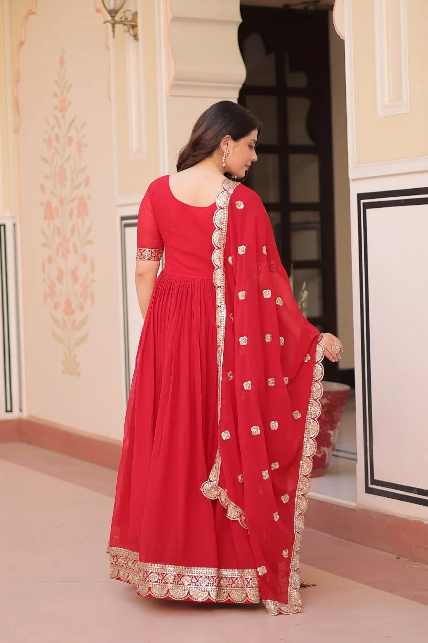 red gown with dupatta back view