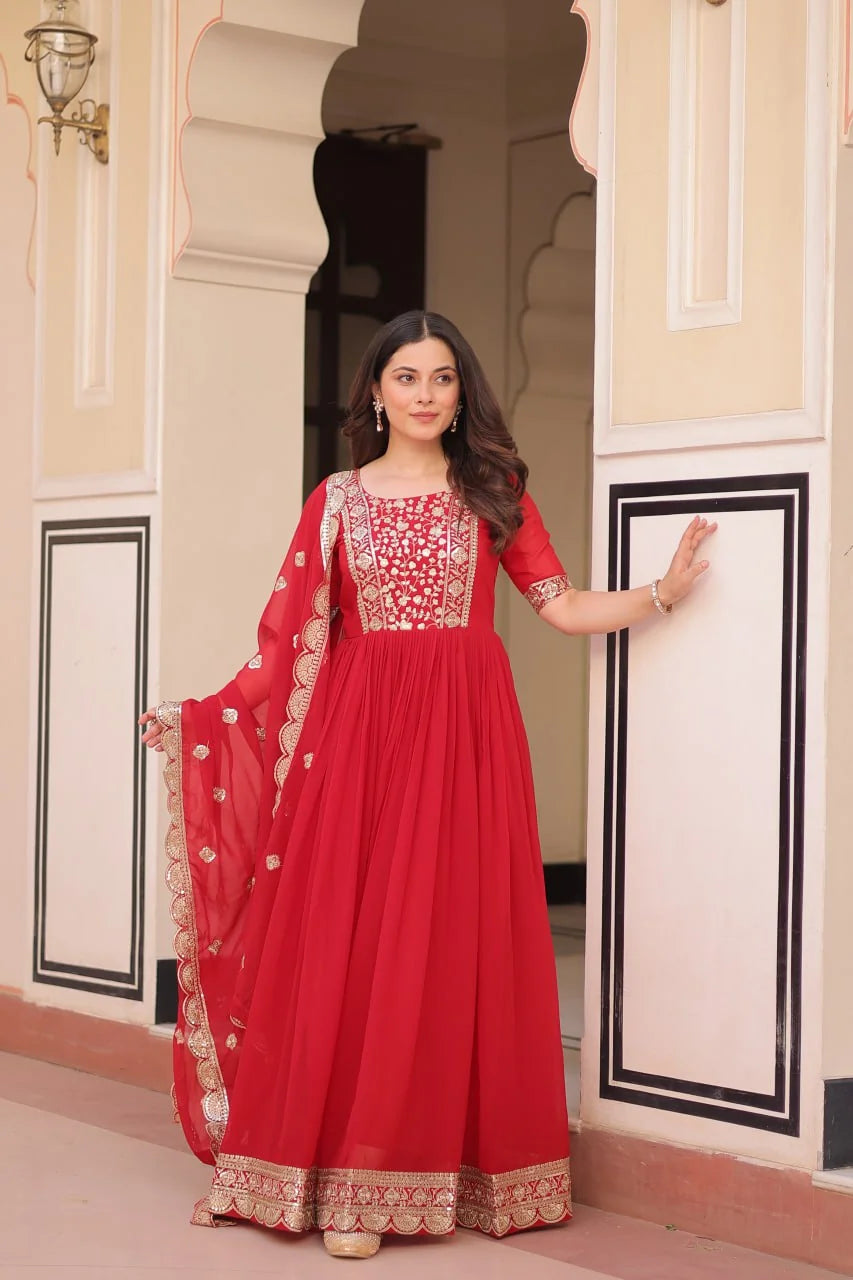 red gown with dupatta front view gold yoke