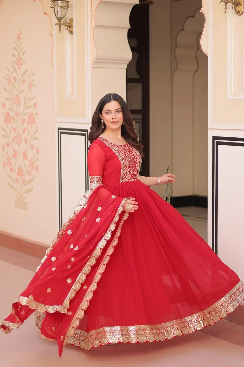 red gown with dupatta twirl with scalloped border