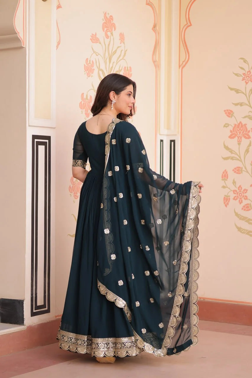 teal gown with dupatta back view with sequin border