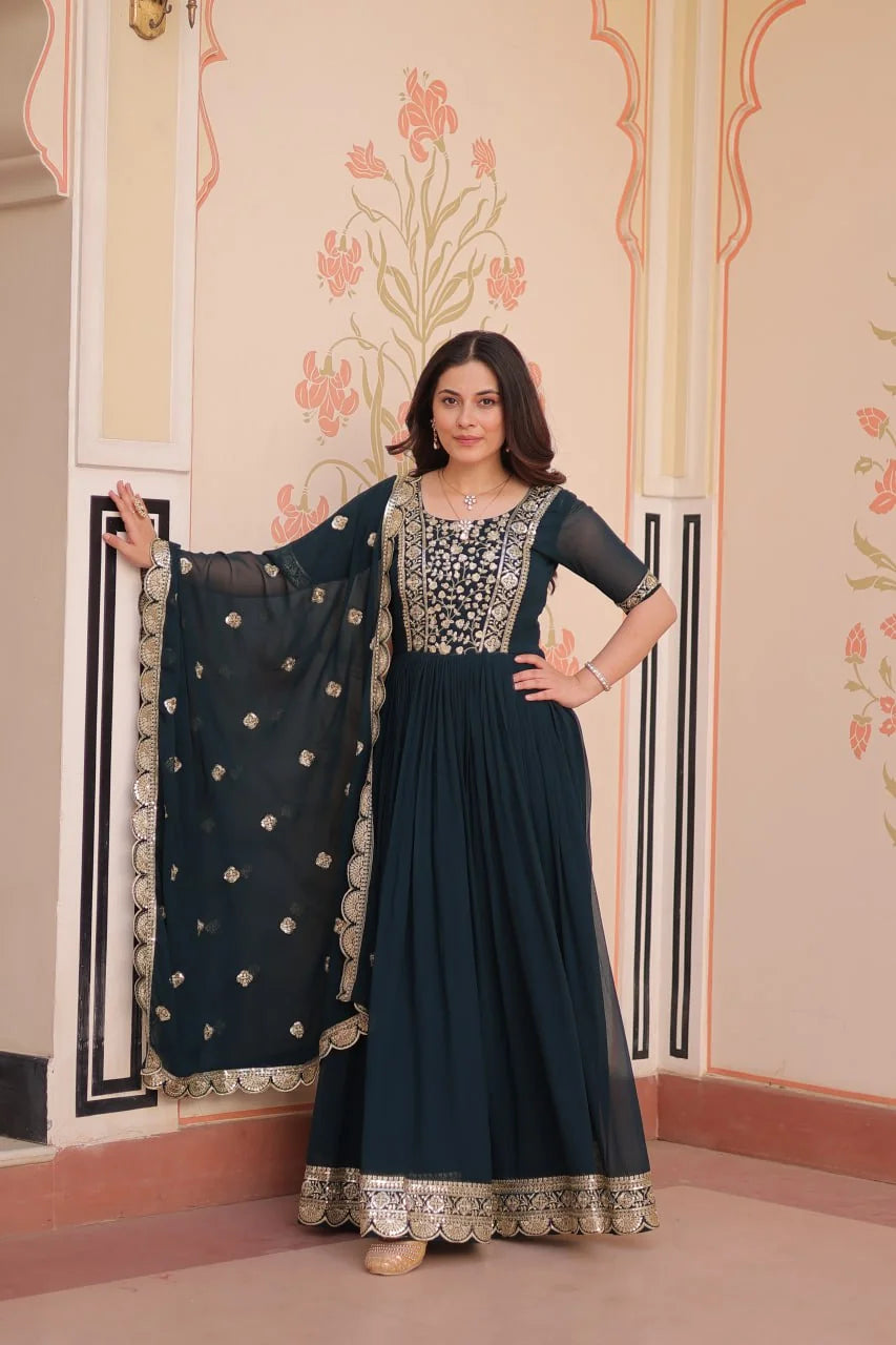 teal gown with dupatta anarkali flare view