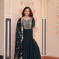teal gown with dupatta front view gold zari yoke