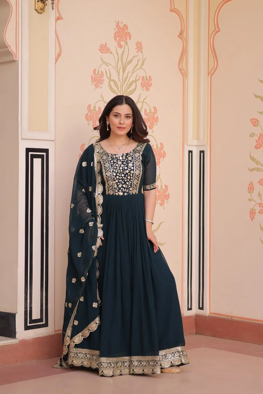 teal gown with dupatta front view gold zari yoke