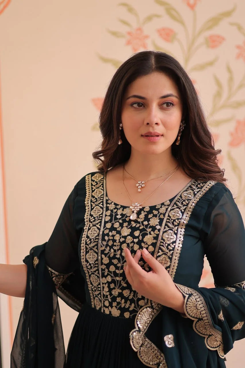 teal gown with dupatta zari embroidered yoke closeup
