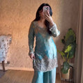 Teal green kurta palazzo set with dupatta for festive, wedding and party wear for women
