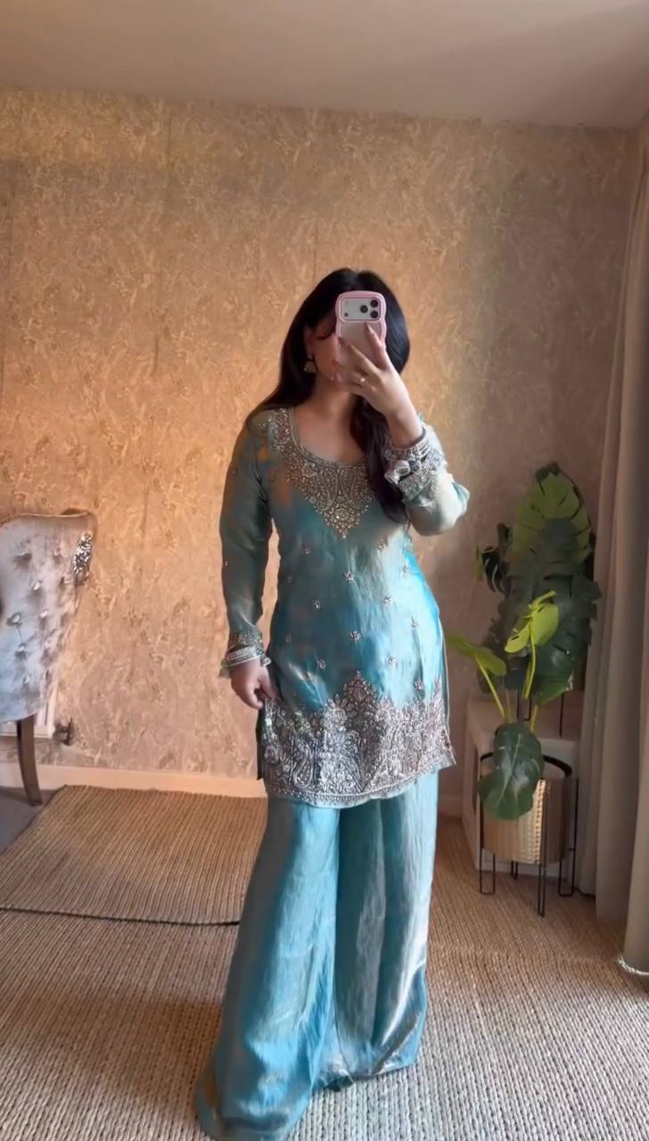 Teal green kurta palazzo set with dupatta for festive, wedding and party wear for women