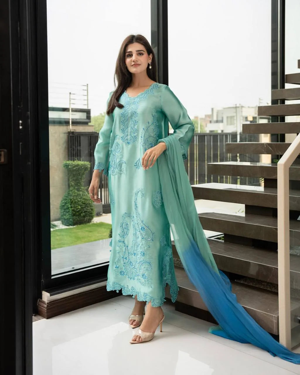 Teal rayon kurta set with ombre mint-to-blue dupatta – full length outdoor view