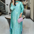 Teal rayon kurta set with thread embroidery and shaded dupatta – full front view