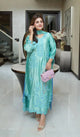 Teal rayon kurta set with thread embroidery and shaded dupatta – full front view