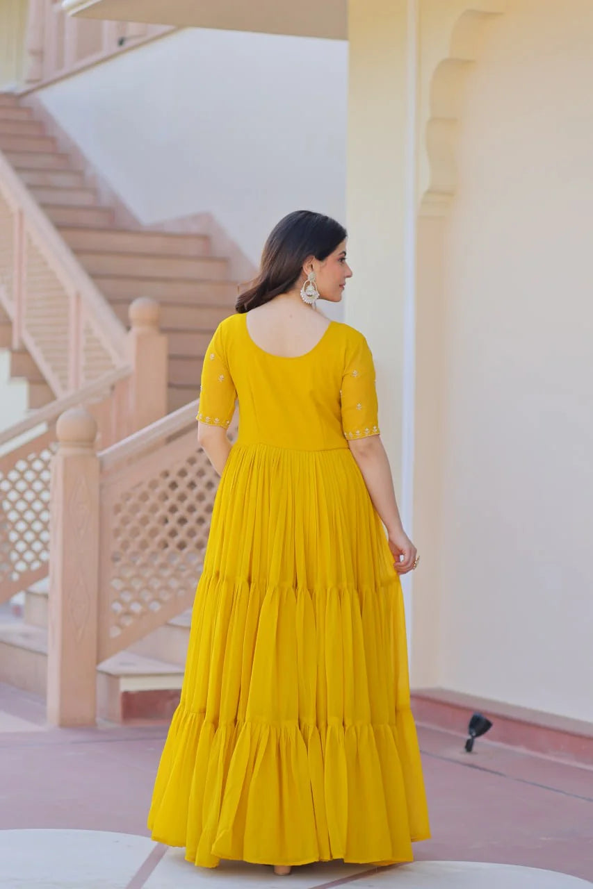 mustard tiered gown back view with ruffle tiers