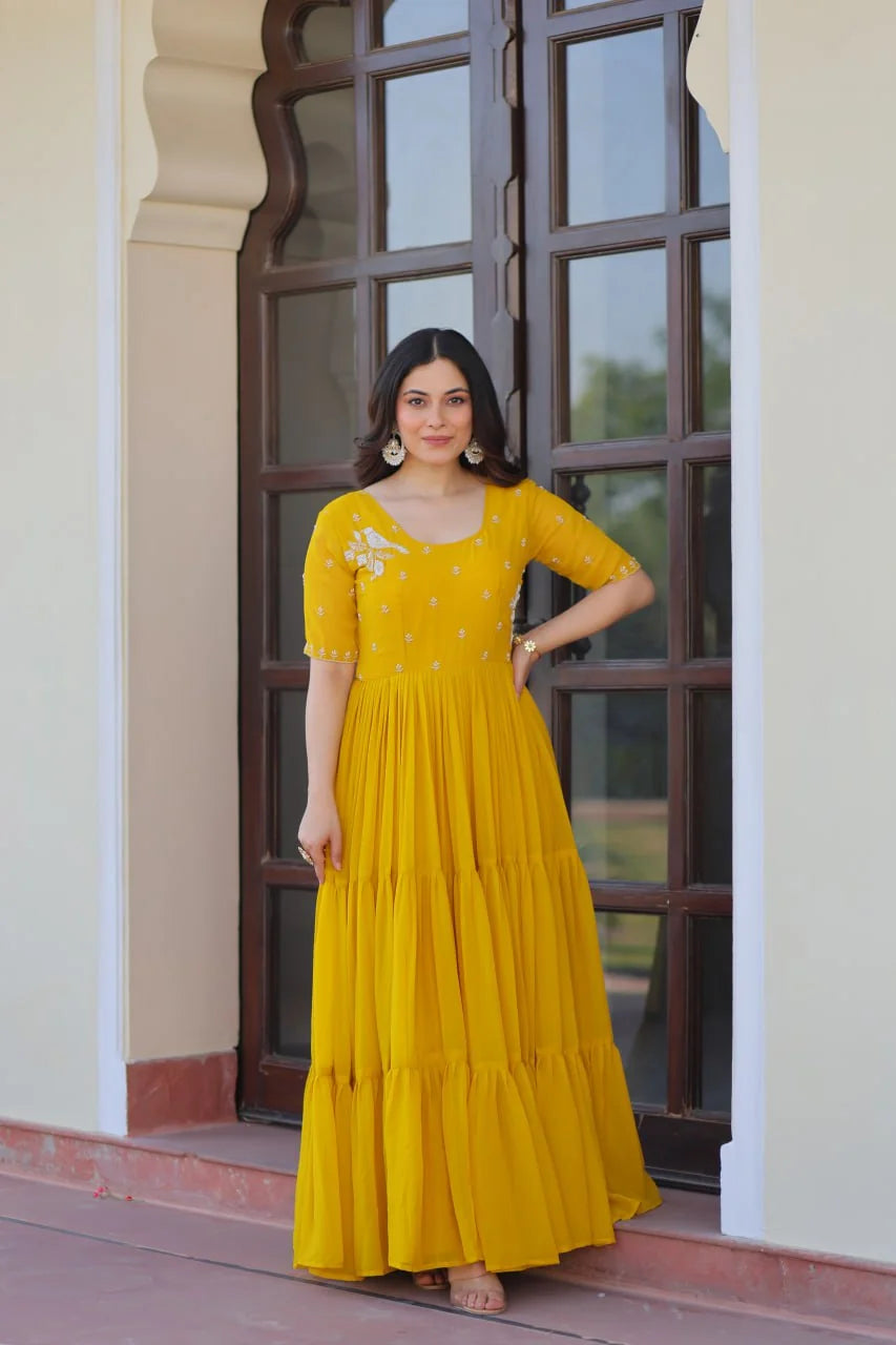 mustard tiered gown front standing view