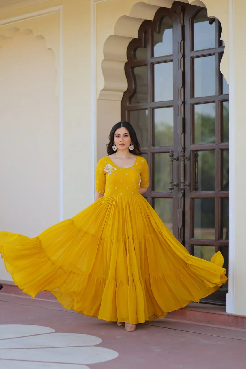 mustard tiered gown for women twirl view