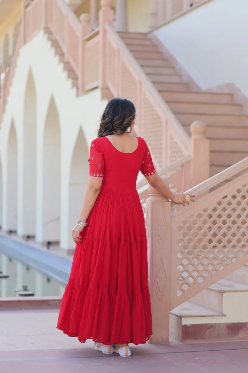 red tiered gown back view