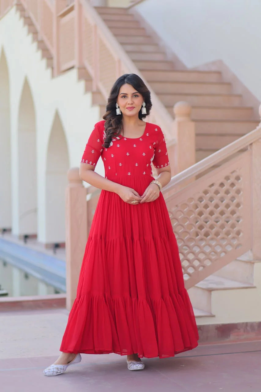 red tiered gown for women front view