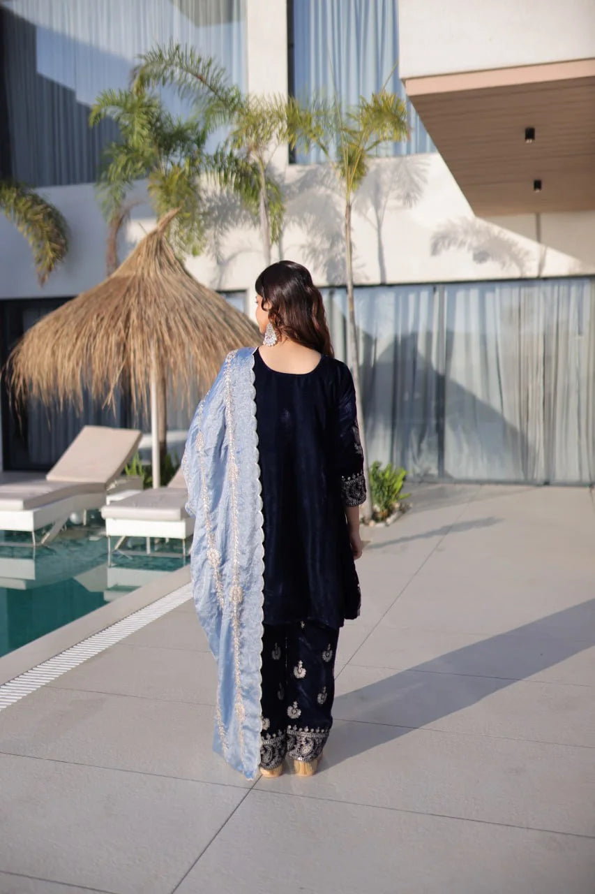 navy blue velvet suit back view with scalloped dupatta
