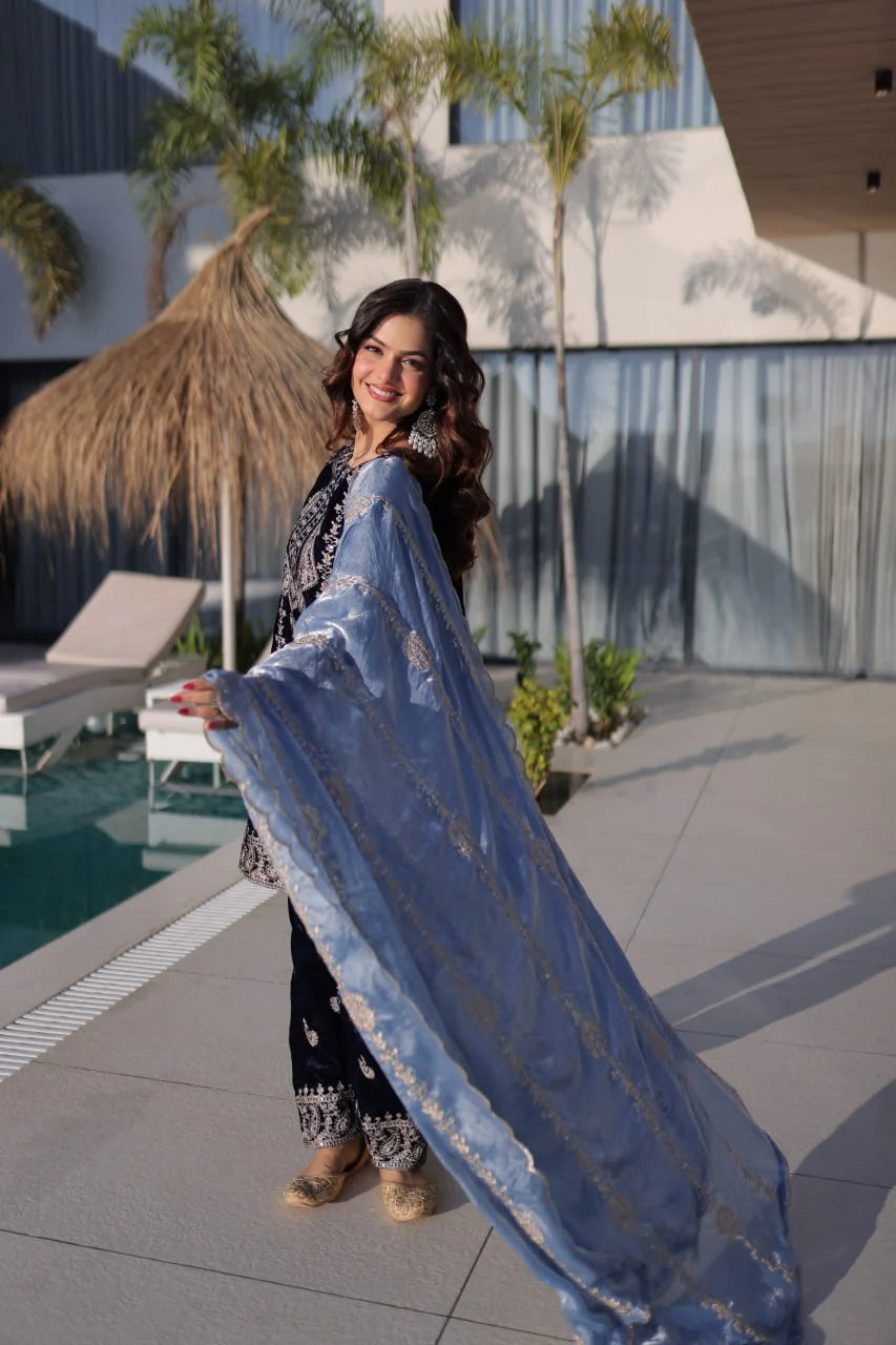 navy velvet kurta set with ice blue dupatta spread view