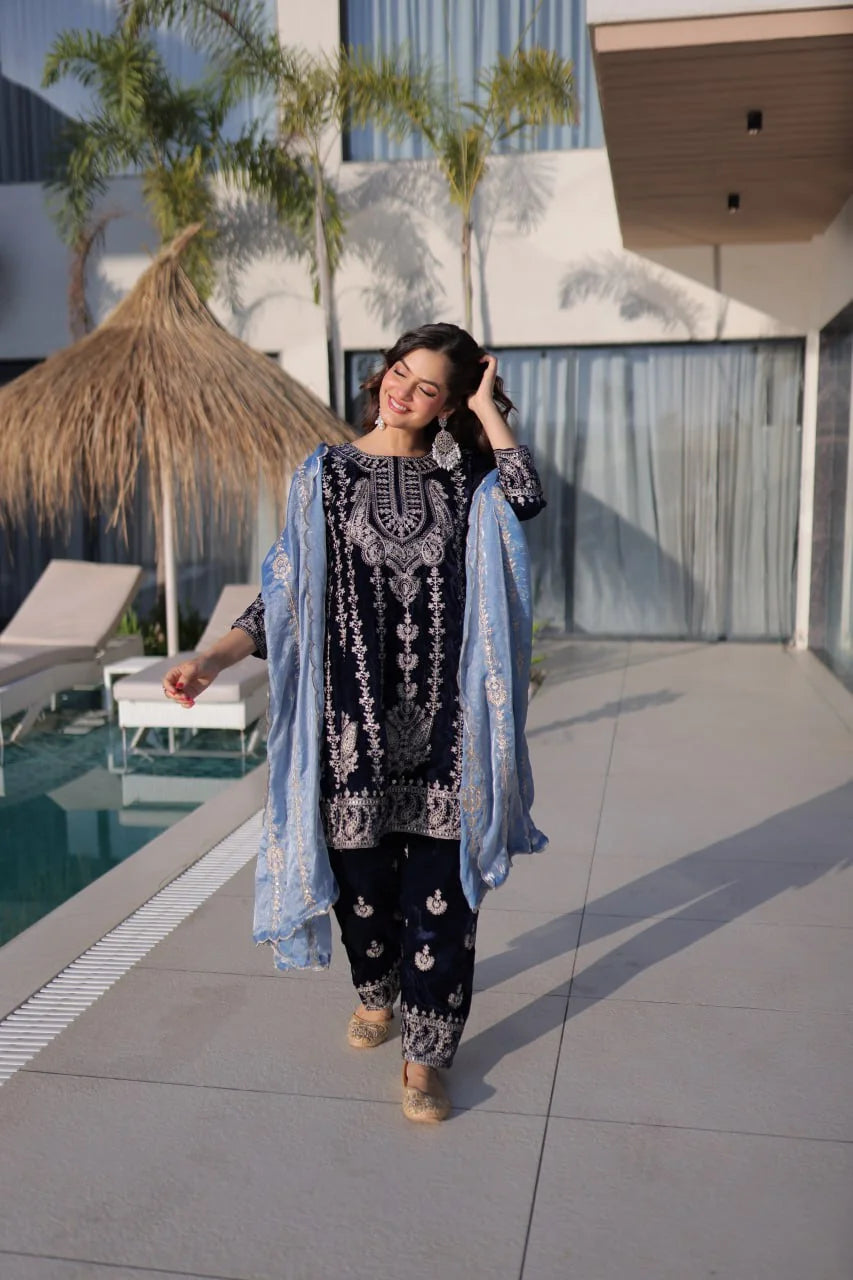 velvet kurta set for women navy blue front view