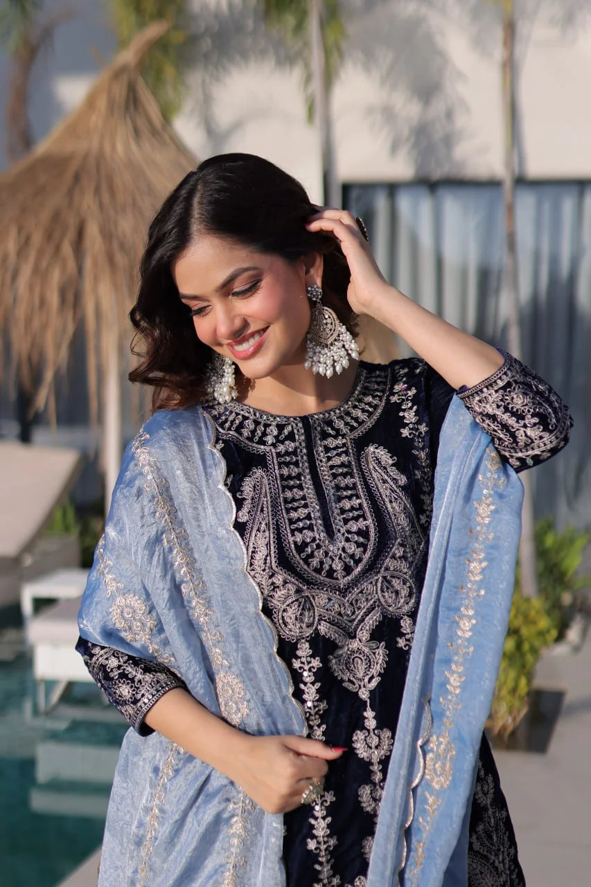 navy blue velvet kurta zari embroidered neckline closeup