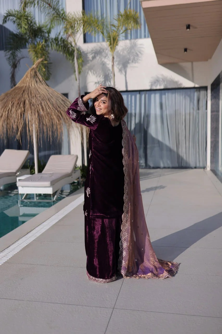 wine velvet suit back view with tissue dupatta