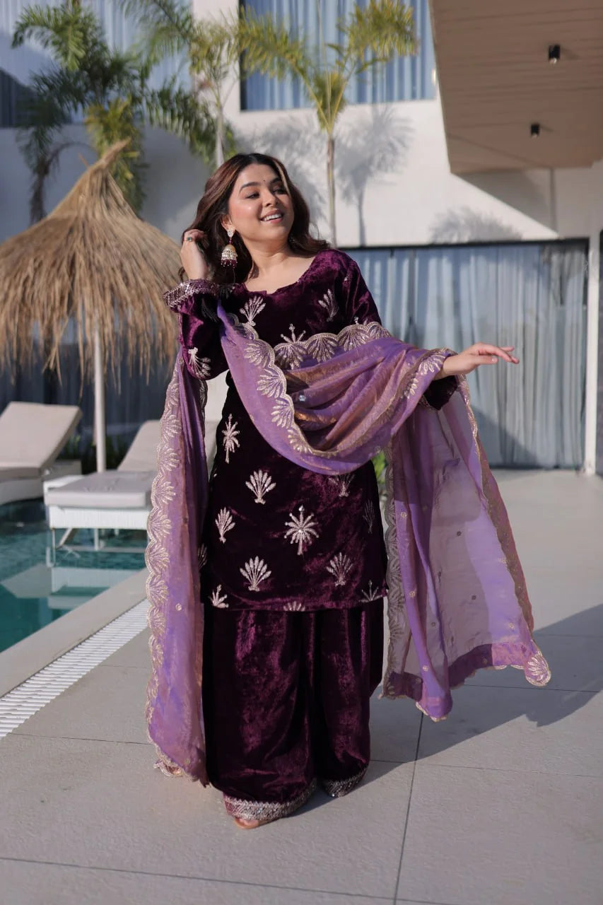 velvet suit for women wine palazzo set full view