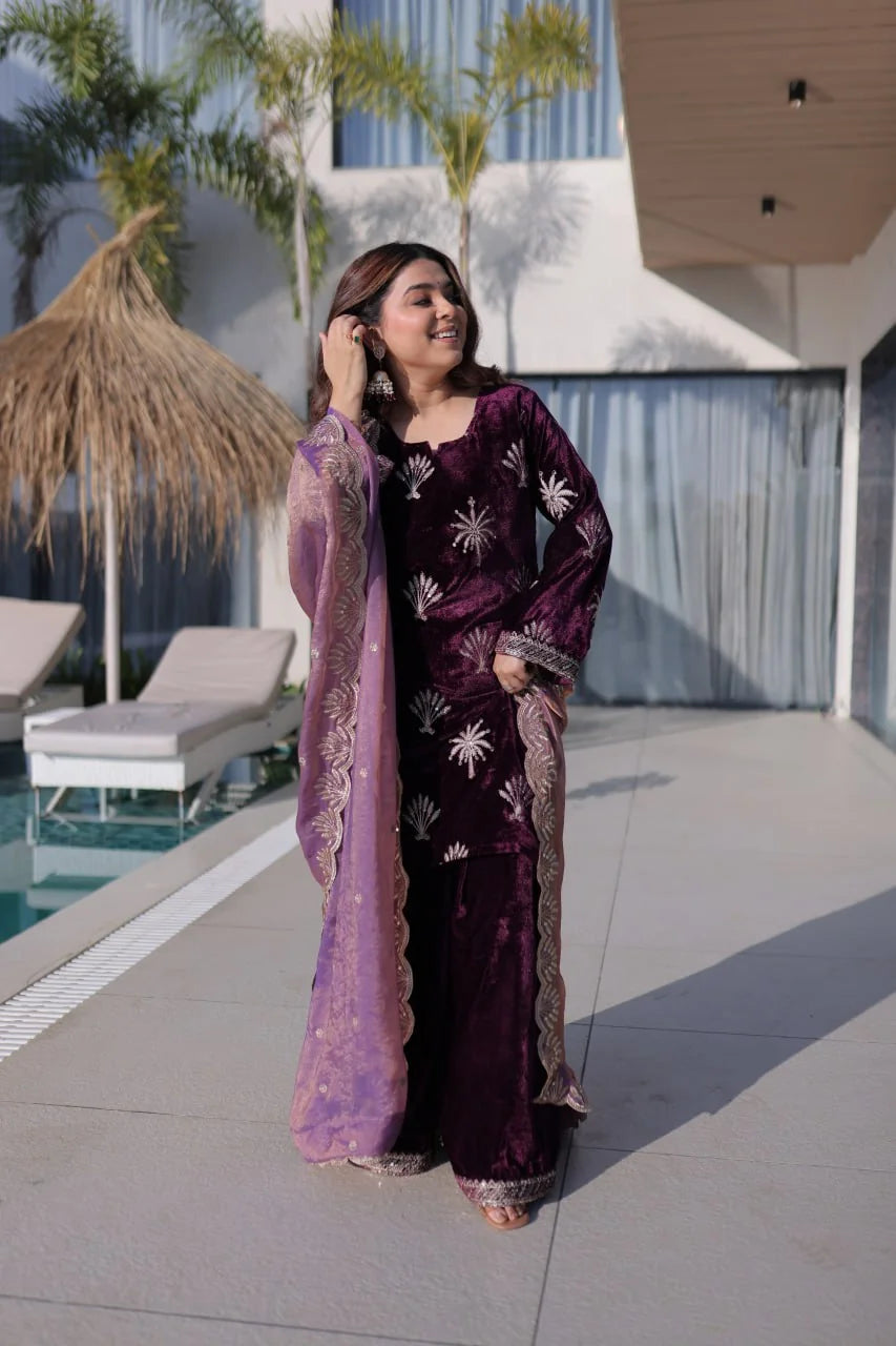 velvet palazzo suit with lilac dupatta standing view