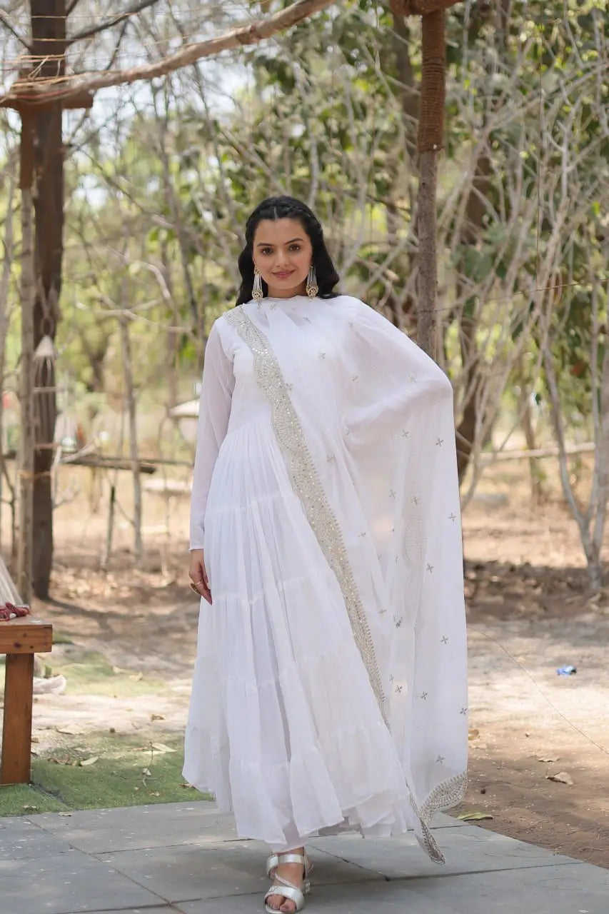 White faux georgette tiered frill anarkali gown with sequin embroidered dupatta – front view