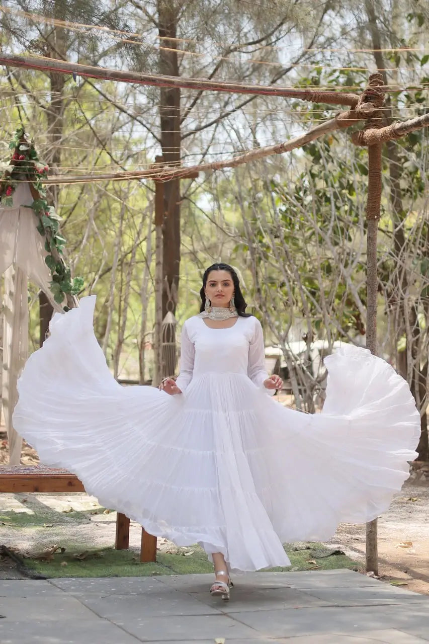 White faux georgette anarkali gown full flare open – 15-metre tiered frill gown for women