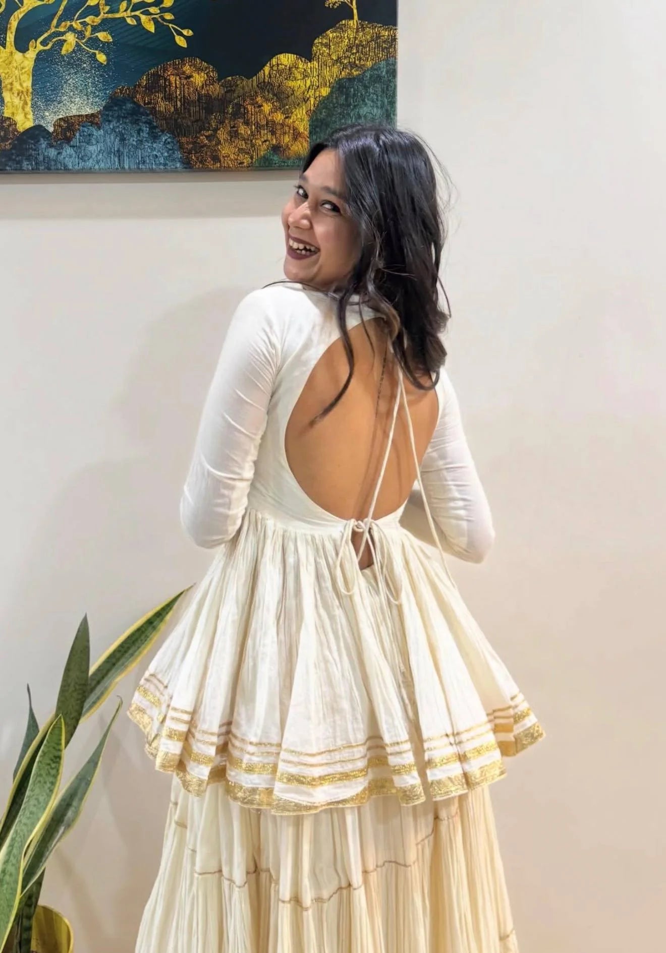 White cotton kediyu lehenga set back view open back 12 metre flair Chicorawear