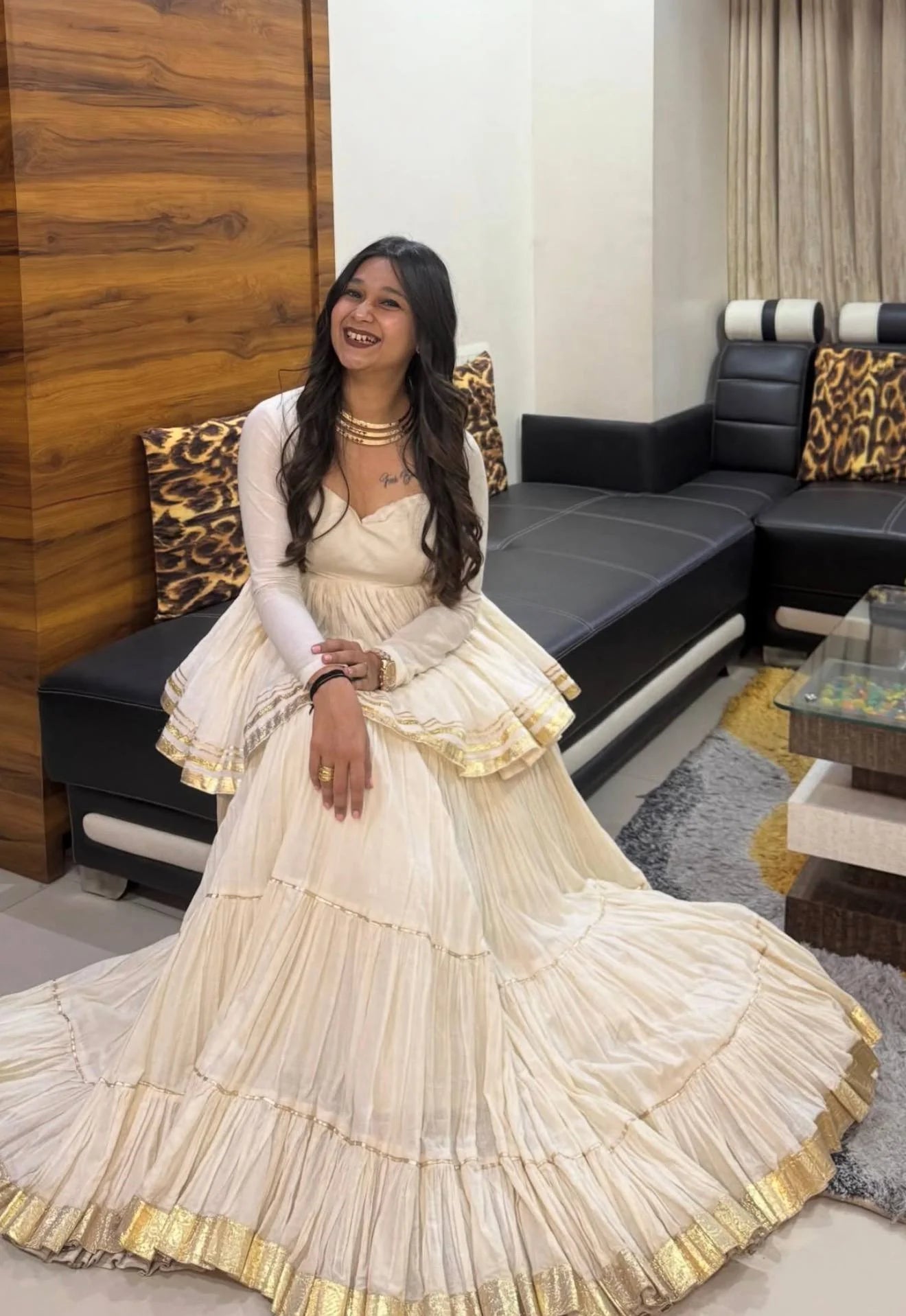 White kediyu lehenga set seated view full 12 metre flair Navratri garba Chicorawear