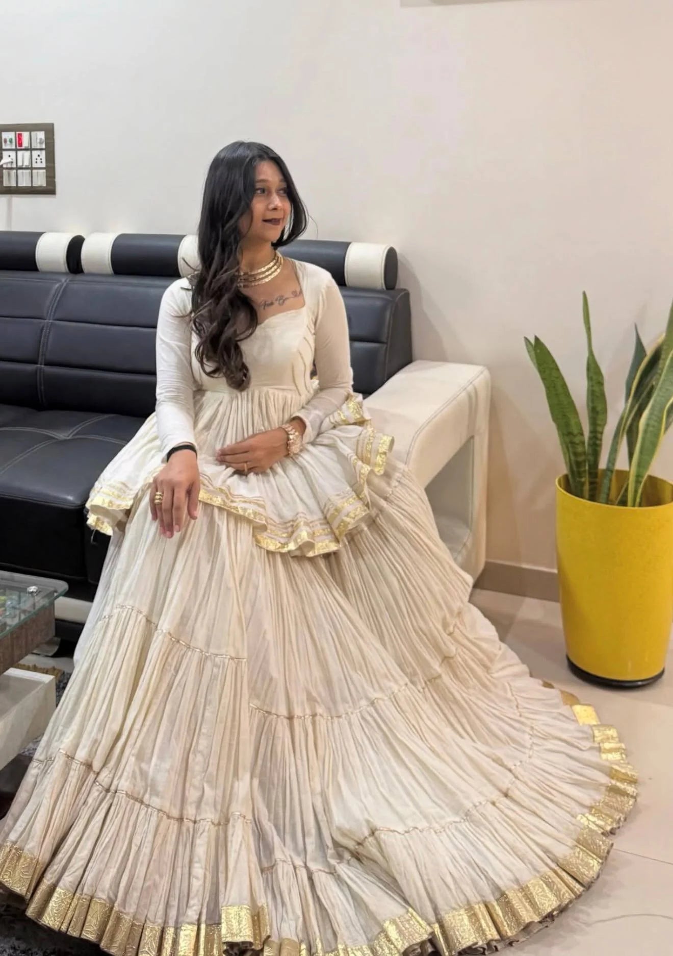 White cotton kediyu lehenga set spread flair gold border Navratri Chicorawear