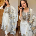 White JMC silk gold and black thread floral embroidery kurta pant set with dupatta – model view