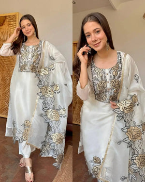White Floral Embroidery Kurta Pant Set with Dupatta