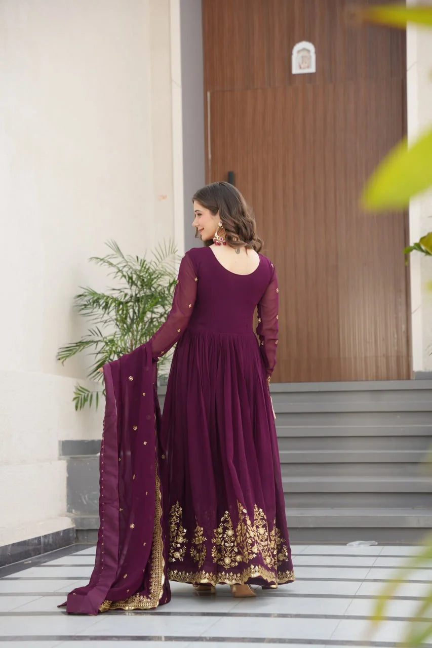 wine anarkali gown back view outside