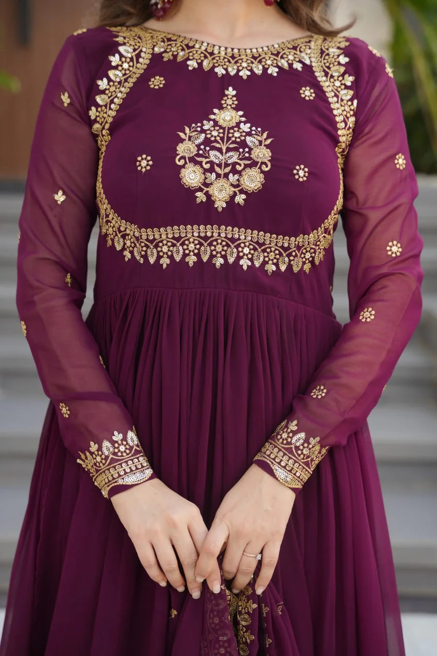 wine anarkali gown bodice zari embroidery closeup