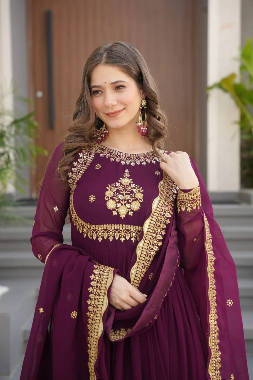 wine anarkali gown dupatta drape closeup