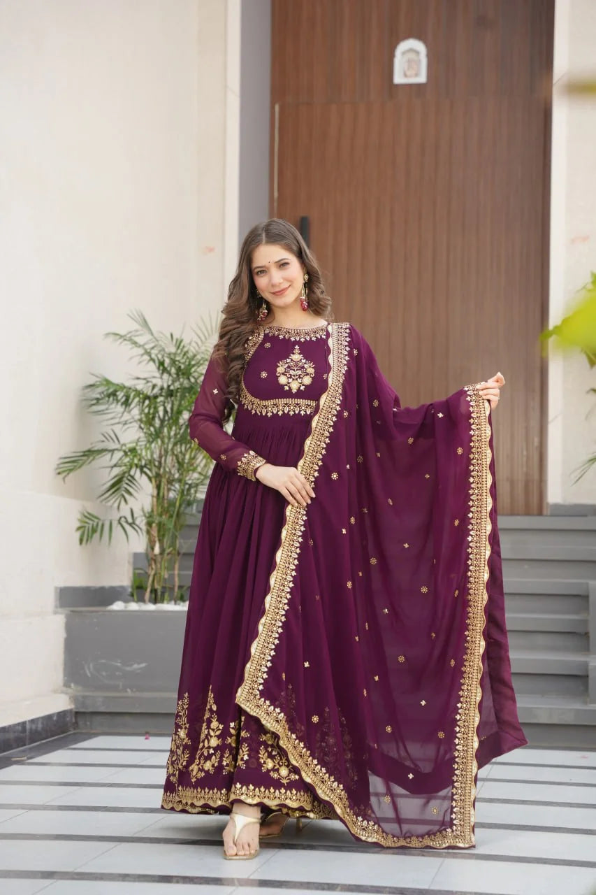wine anarkali gown full view