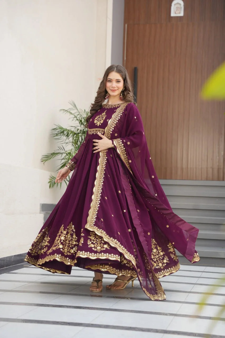 wine anarkali gown with dupatta festive full view