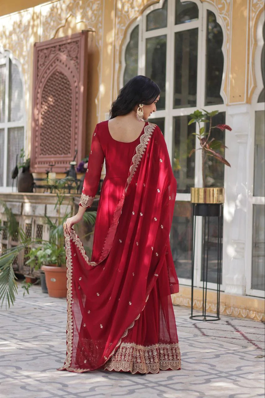 maroon gown back view with sequin embroidered dupatta