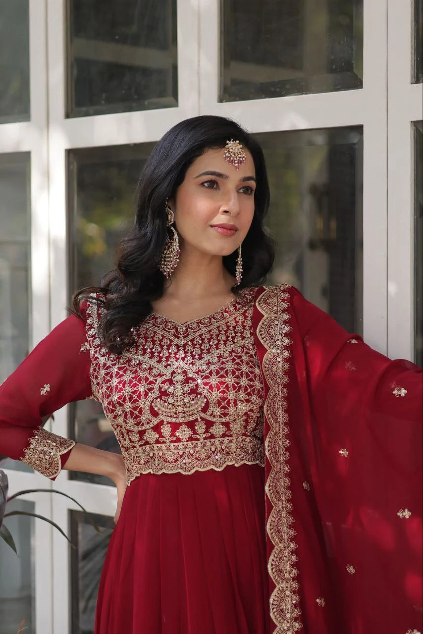 maroon gown zari embroidered yoke closeup with dupatta