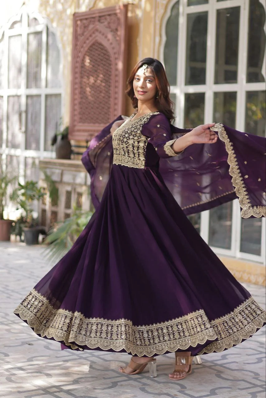 wine colour gown with dupatta full twirl view