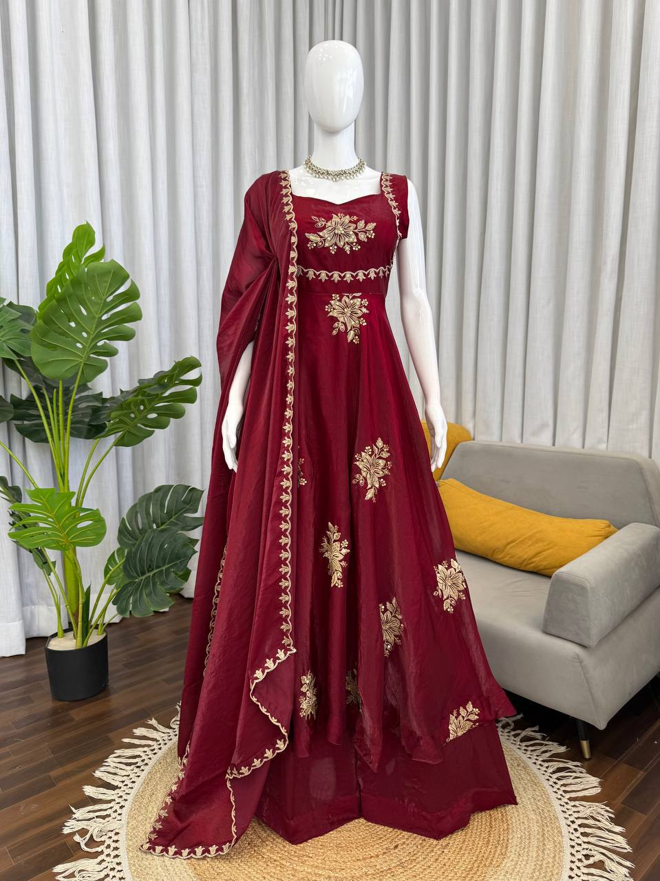Full length look of wine Fendy silk Anarkali palazzo set with dupatta for wedding and festive occasions