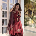 Wine Fendy silk embroidered Anarkali palazzo set with dupatta front view for wedding and festive wear