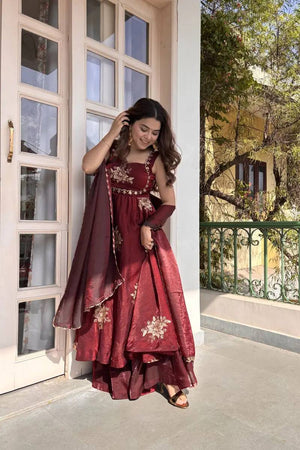 Wine Embroidered Fendy Silk Anarkali Palazzo Set with Dupatta