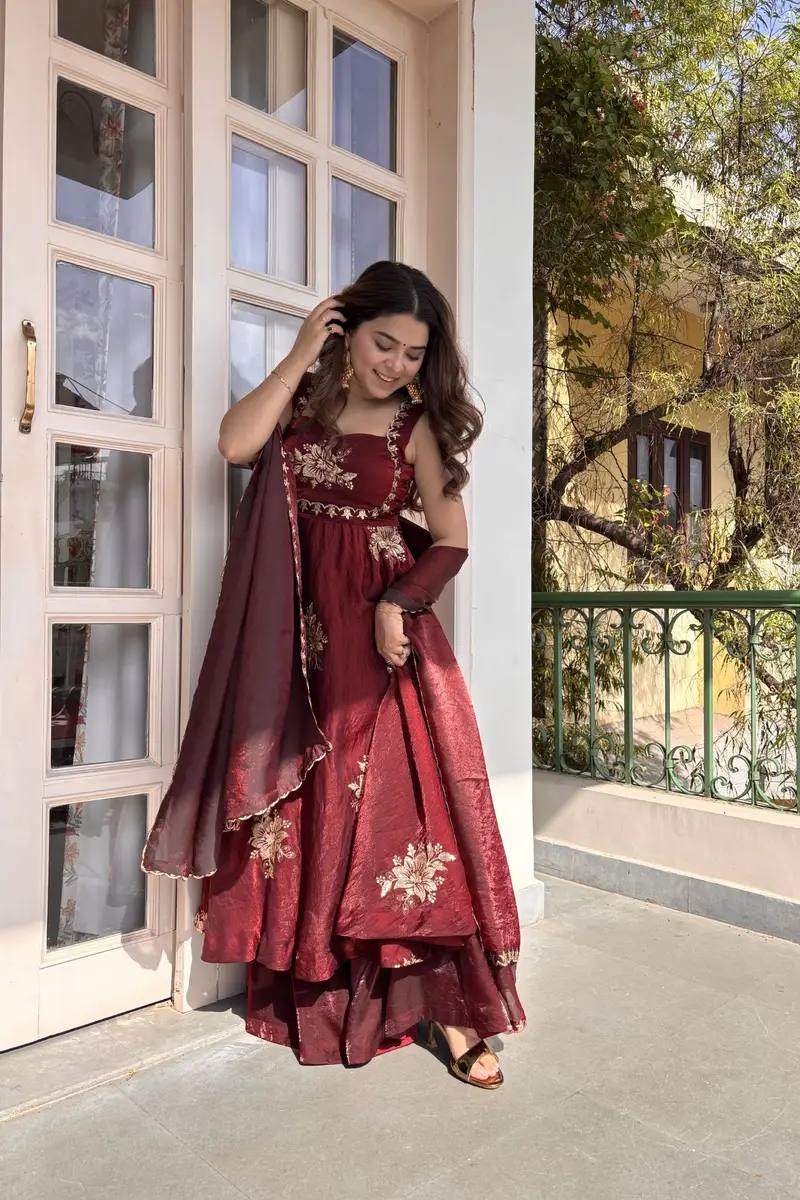 Wine Fendy silk embroidered Anarkali palazzo set with dupatta front view for wedding and festive wear