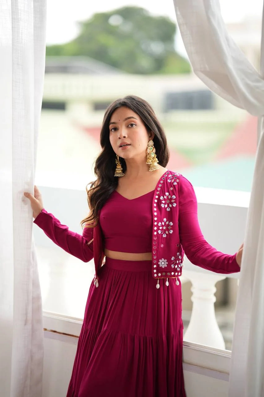 wine lehenga with koti front view mirror work embroidery and plain choli