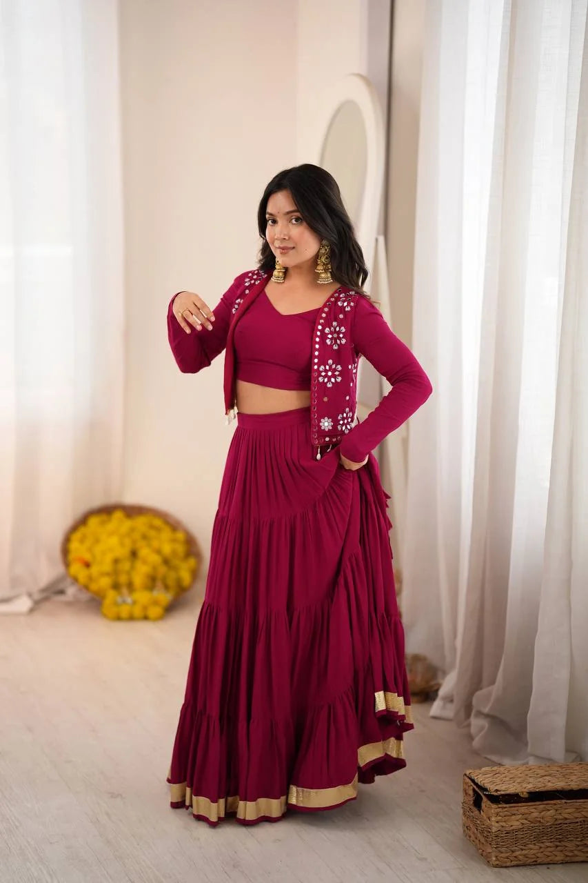 wine lehenga with koti full length tiered skirt gota patti border