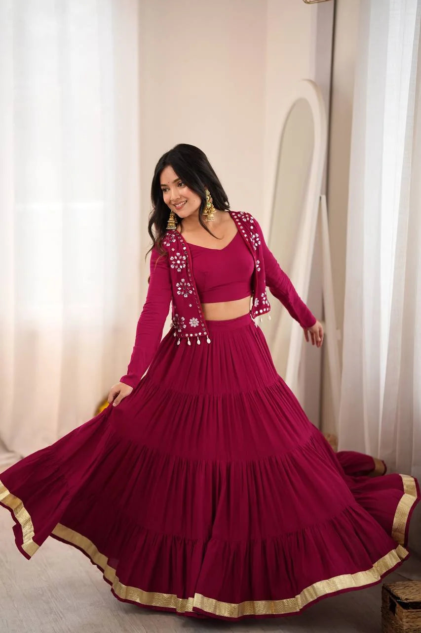 wine lehenga with mirror koti twirl showing 9 meter grand flare